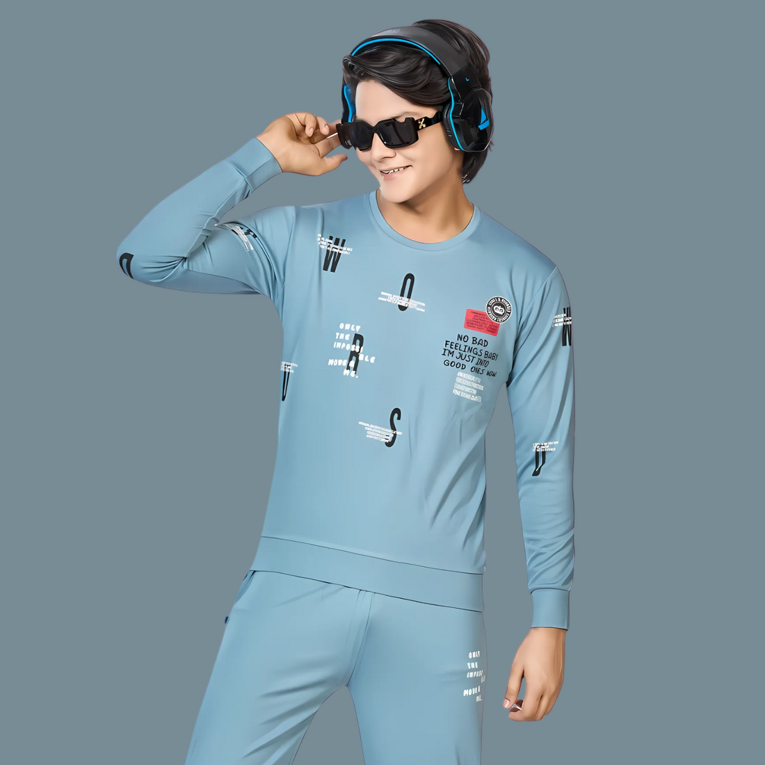 Boys Sky Blue Printed Round Neck Full Sleeve Night Suit