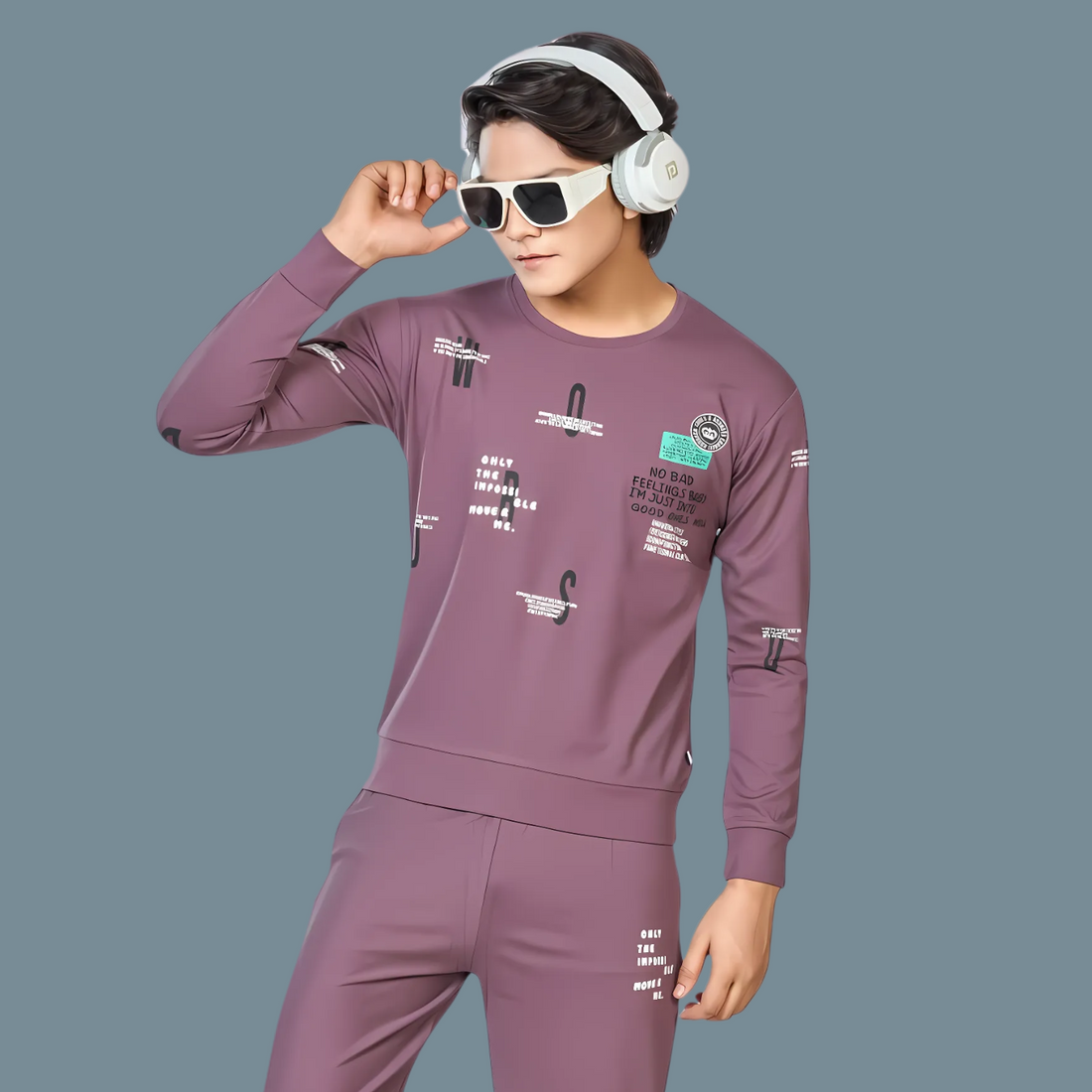 Boys Wine Printed Round Neck Full Sleeve Night Suit