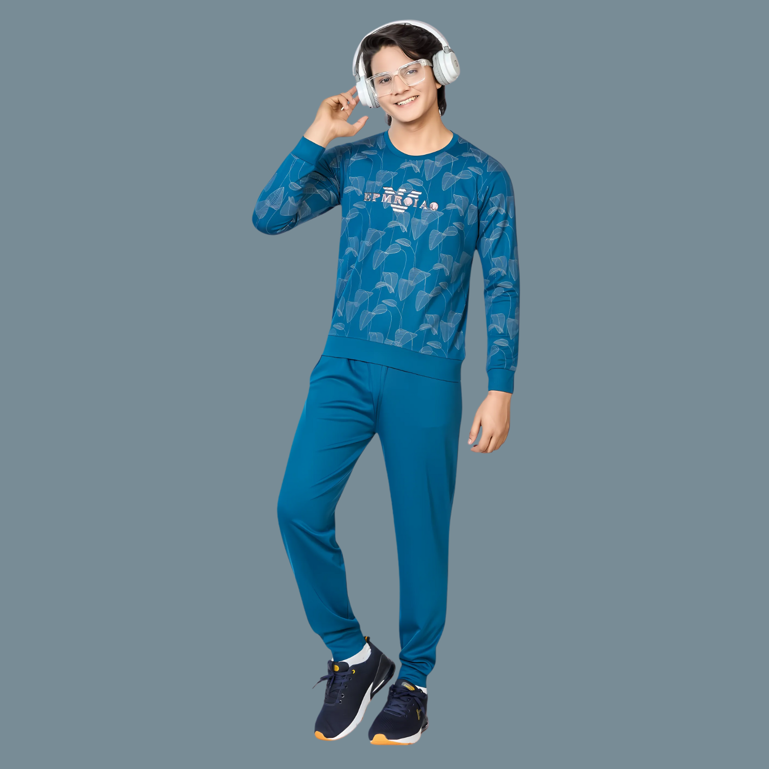 Boys Blue Printed Round Neck Full Sleeve Night Suit