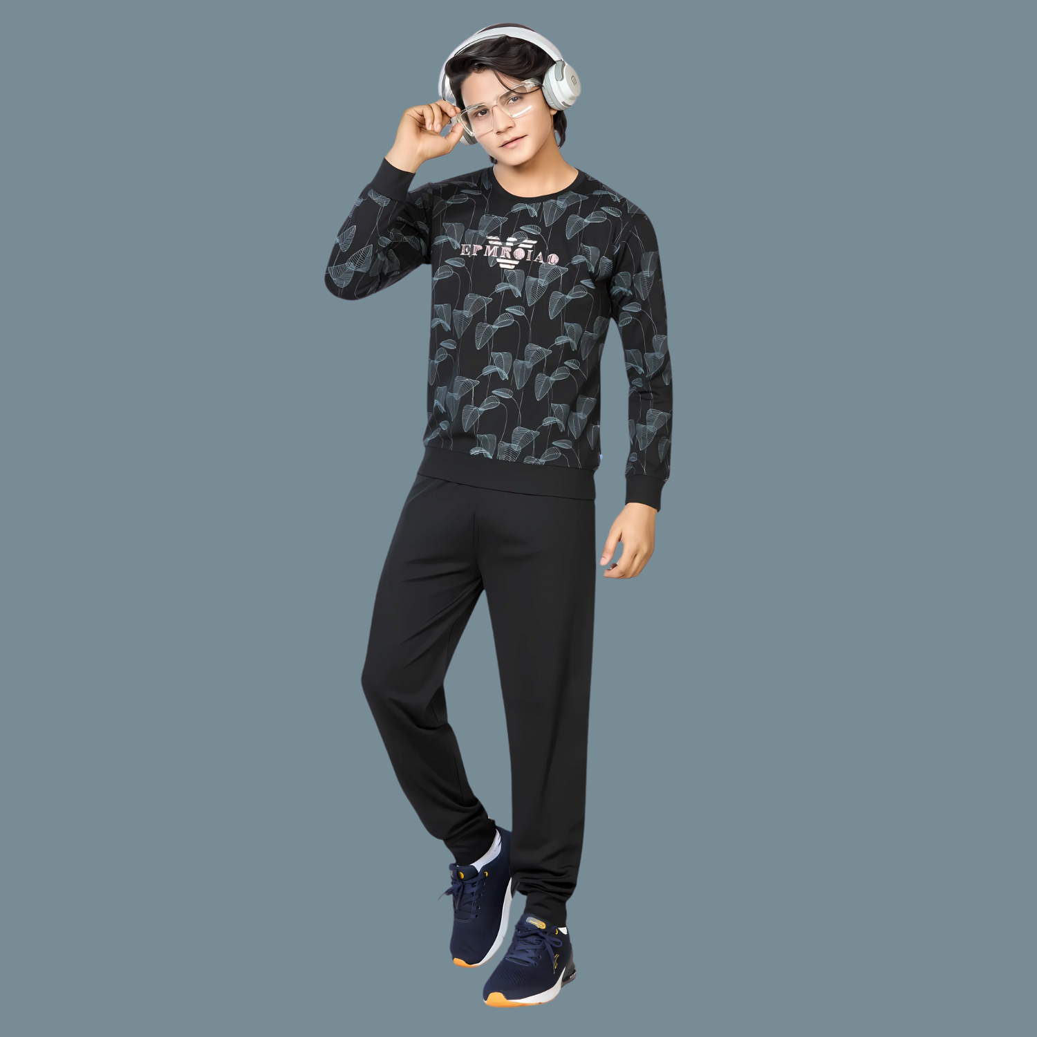 Boys Black Printed Round Neck Full Sleeve Night Suit