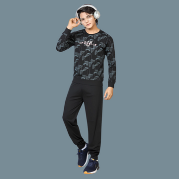 Boys Black Printed Round Neck Full Sleeve Night Suit