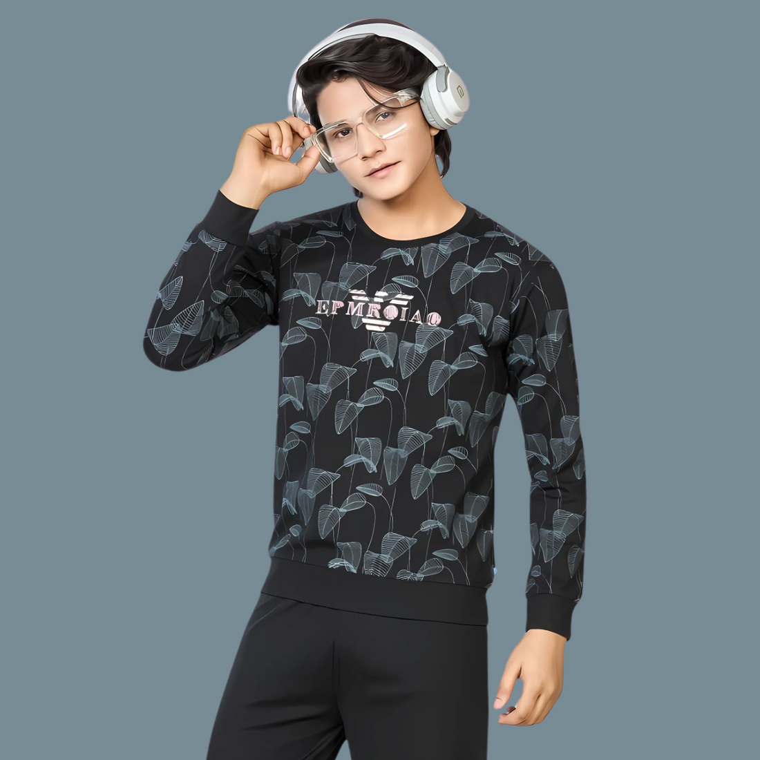 Boys Black Printed Round Neck Full Sleeve Night Suit