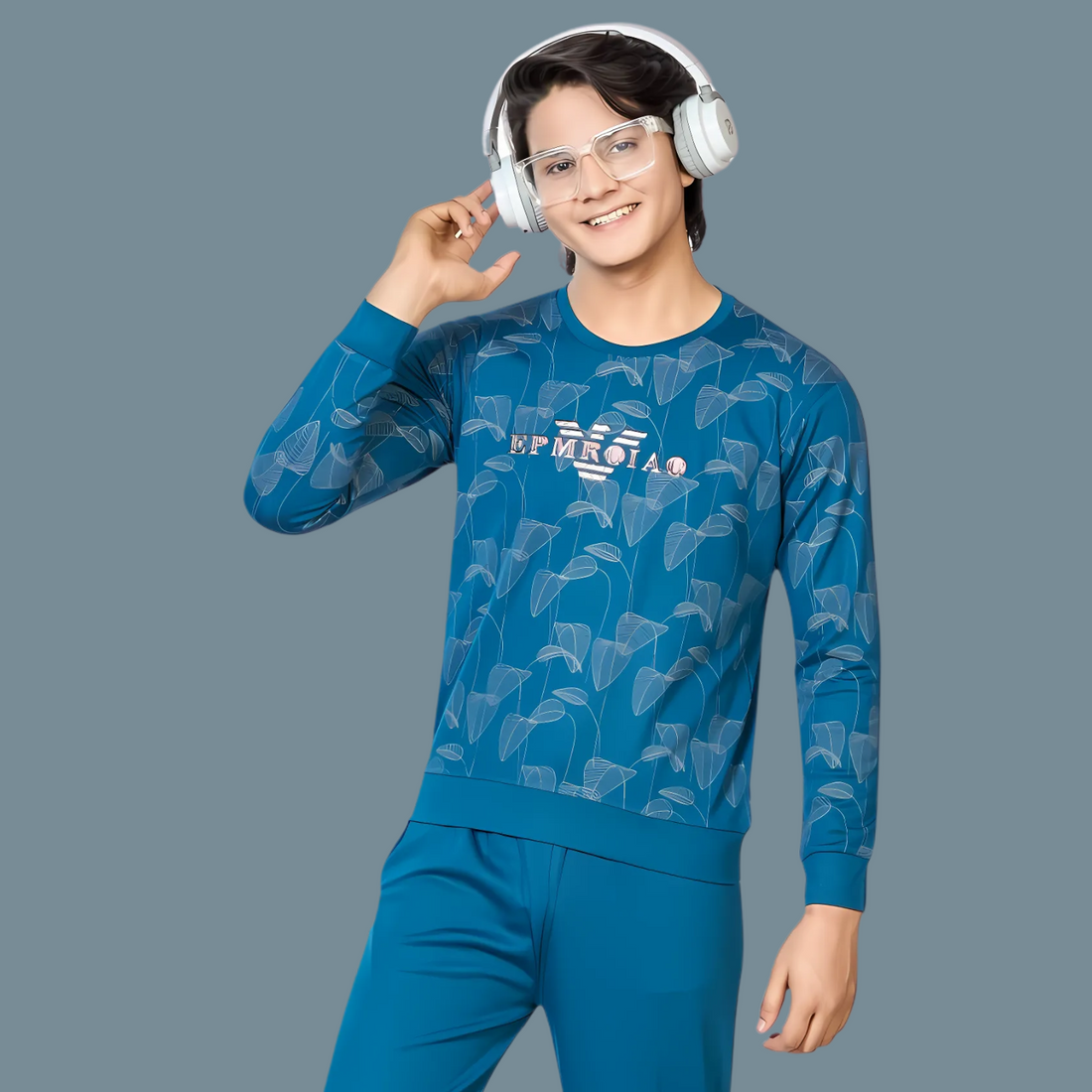 Boys Blue Printed Round Neck Full Sleeve Night Suit