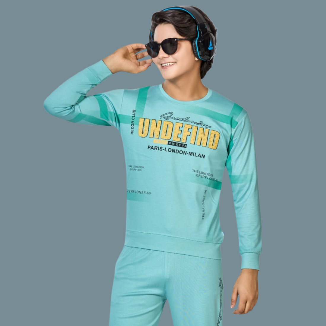 Boys Green Printed Round Neck Full Sleeve Night Suit