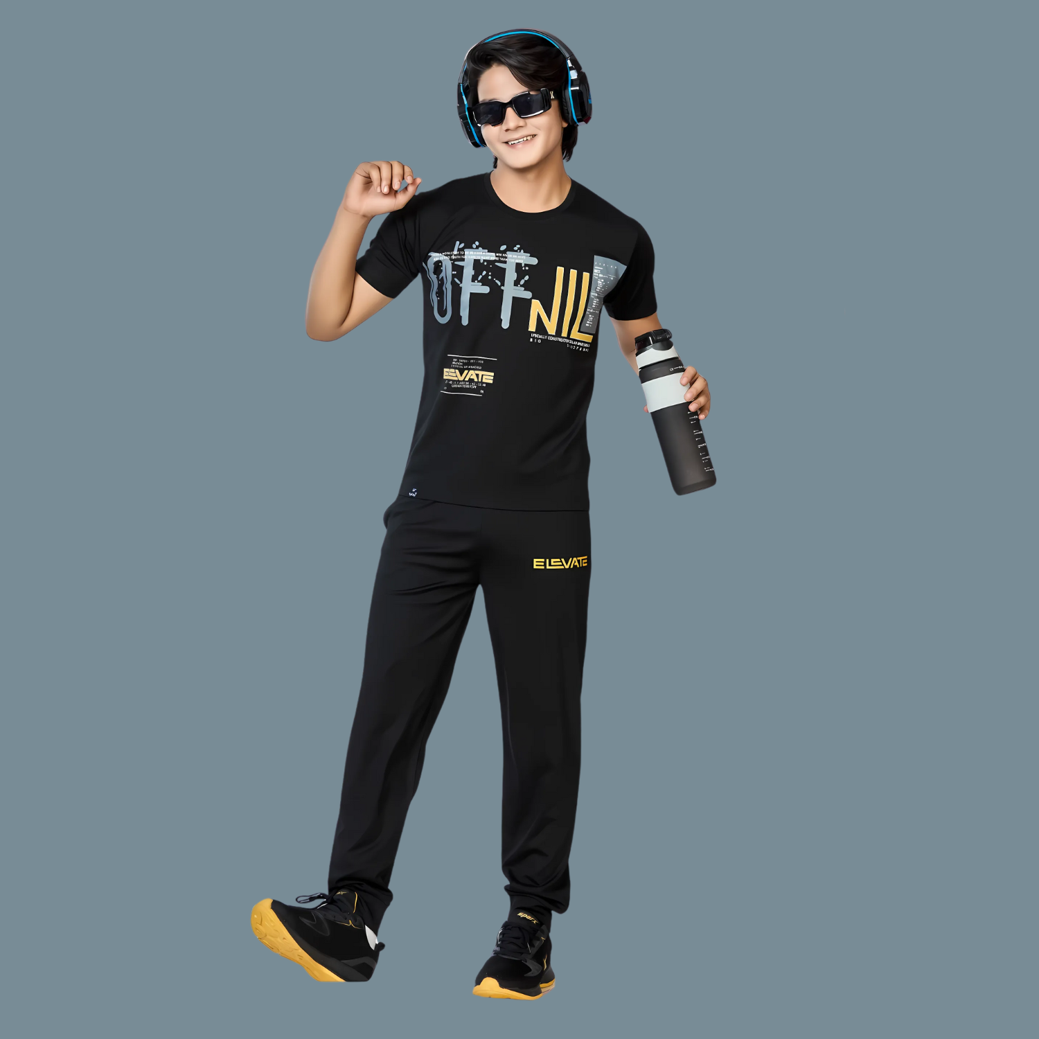 Boys Black Printed Round Neck Full Sleeve Night Suit