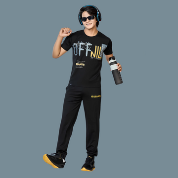 Boys Black Printed Round Neck Full Sleeve Night Suit