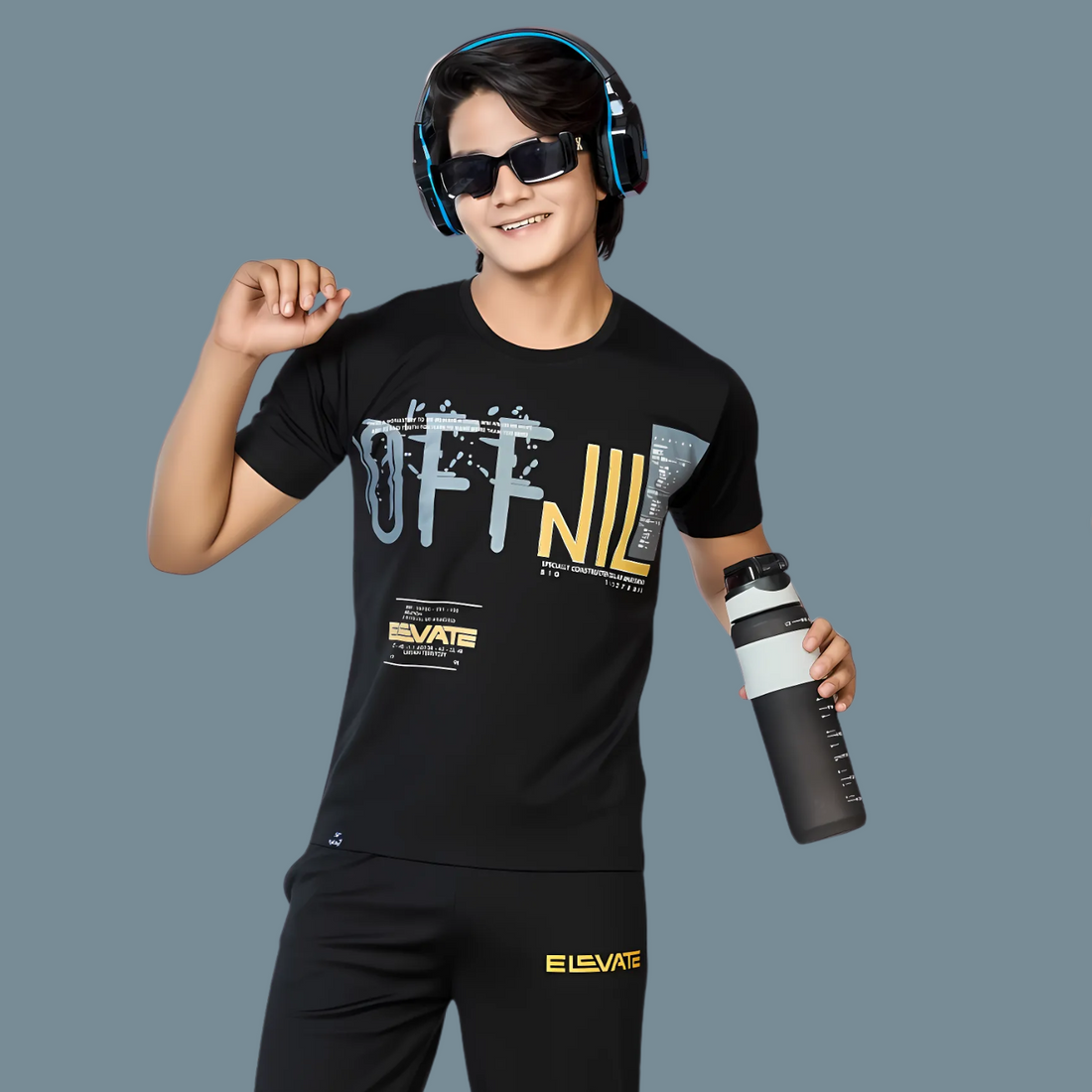 Boys Black Printed Round Neck Full Sleeve Night Suit