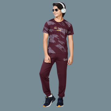 Boys Maroon Printed Round Neck Full Sleeve Night Suit