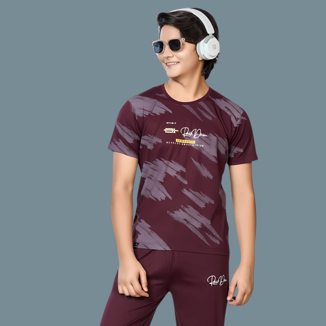 Boys Maroon Printed Round Neck Full Sleeve Night Suit