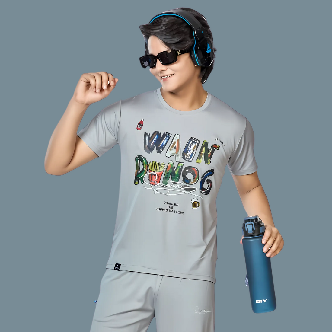 Boys Cement Printed Round Neck  Night Suit