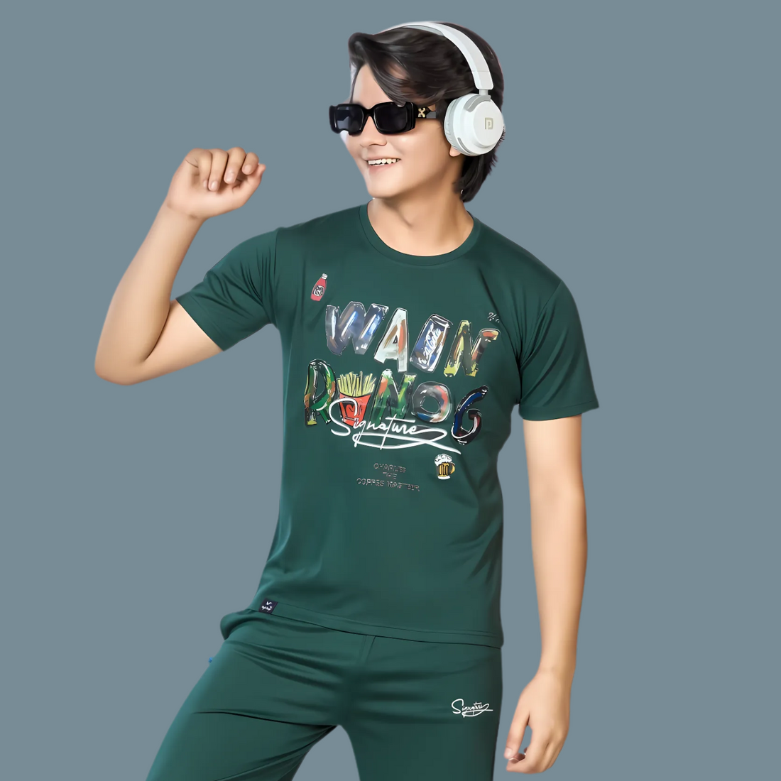 Boys Green Printed Round Neck Full Sleeve Night Suit