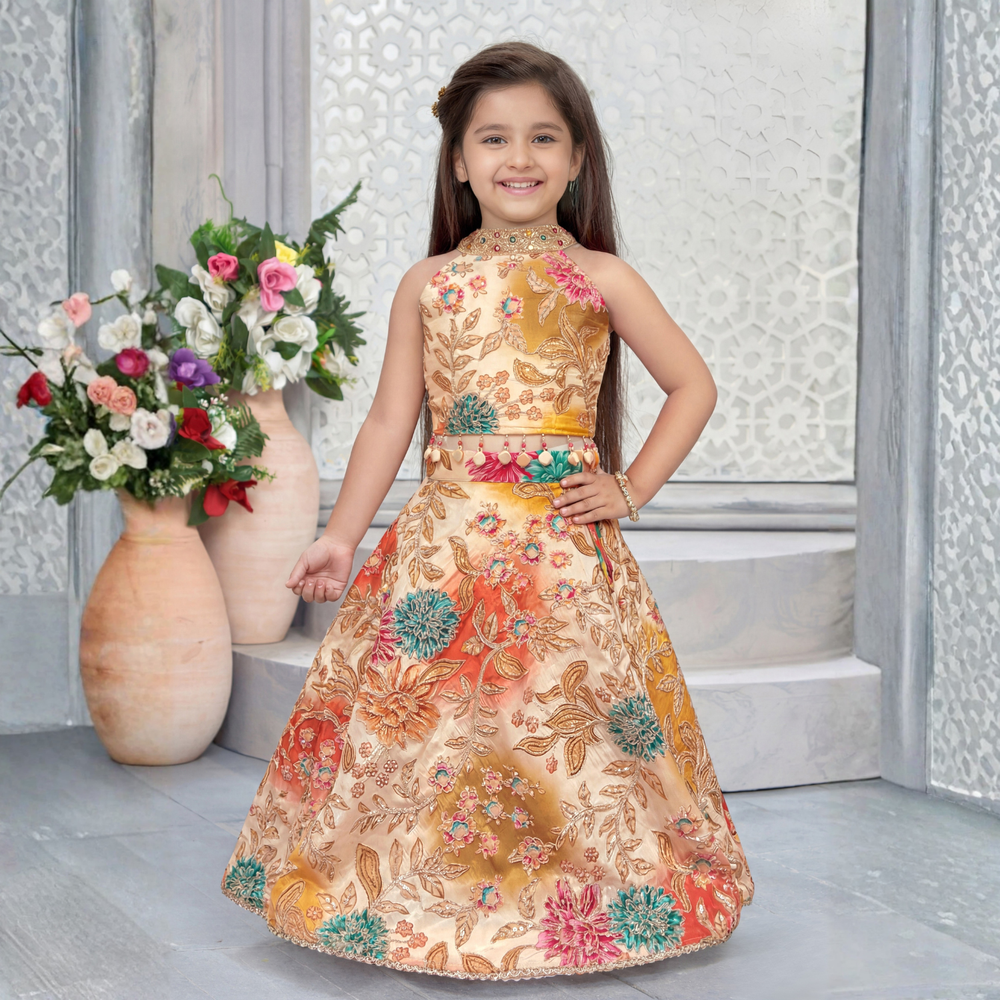 Cream Floral Embroidered Lehenga Choli with Dupatta For Girls