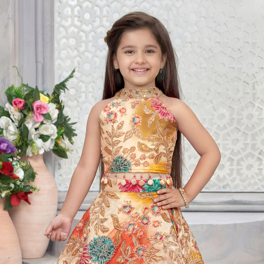 Cream Floral Embroidered Lehenga Choli with Dupatta For Girls