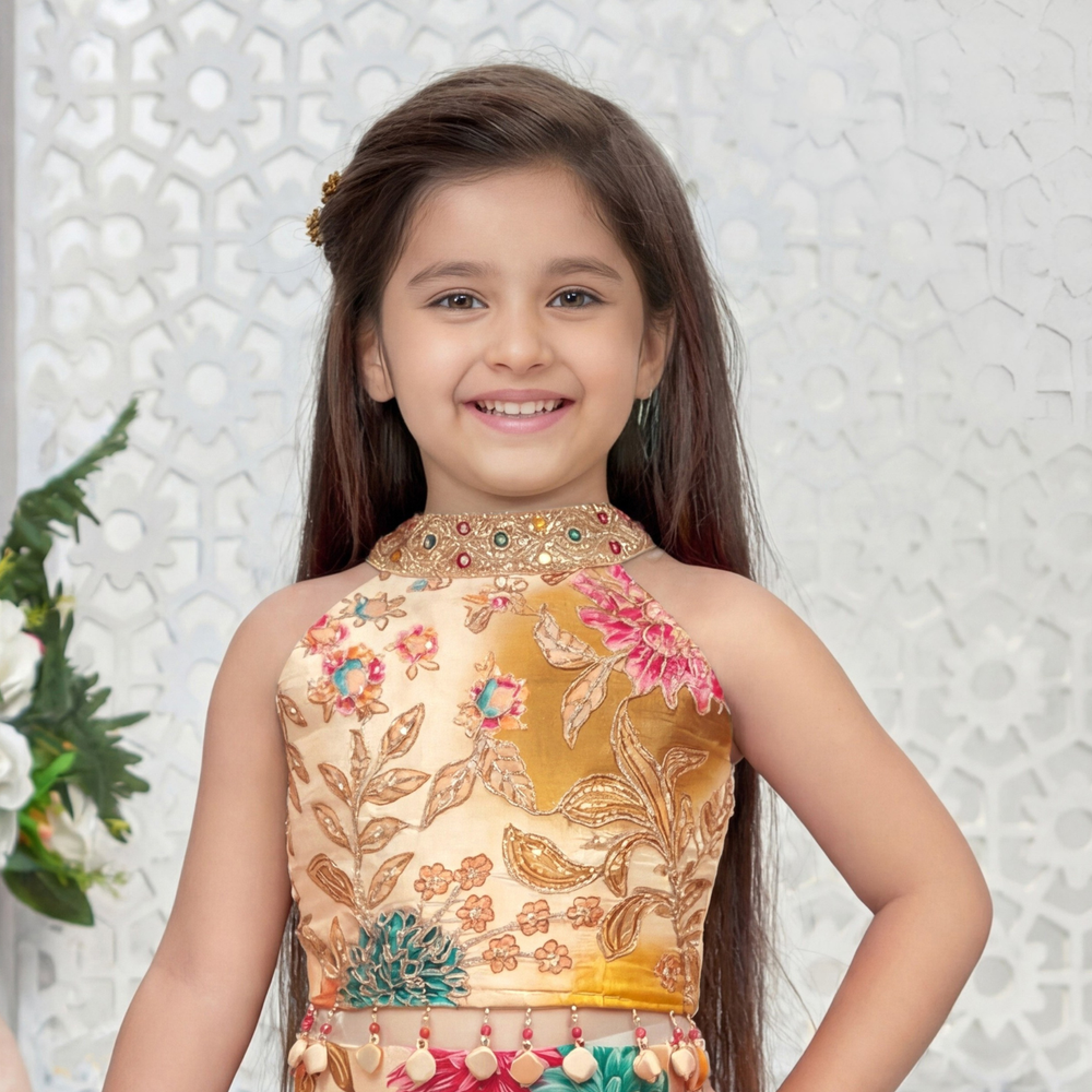Cream Floral Embroidered Lehenga Choli with Dupatta For Girls