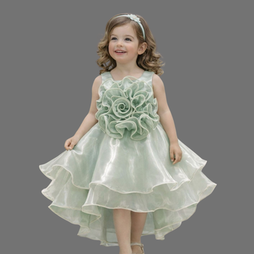 Green Organza 3D Rose Frock For Girls