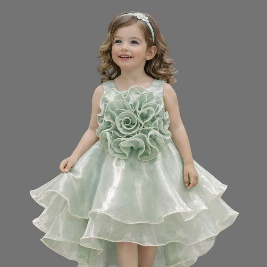 Green Organza 3D Rose Frock For Girls