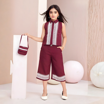 Girls Sleeve Less Party Wear Maroon Co-Ord Set