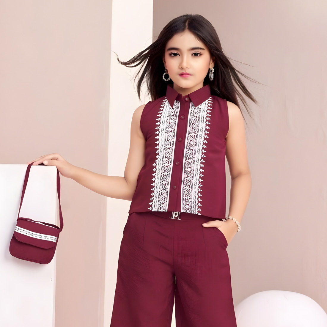 Girls Sleeve Less Party Wear Maroon Co-Ord Set