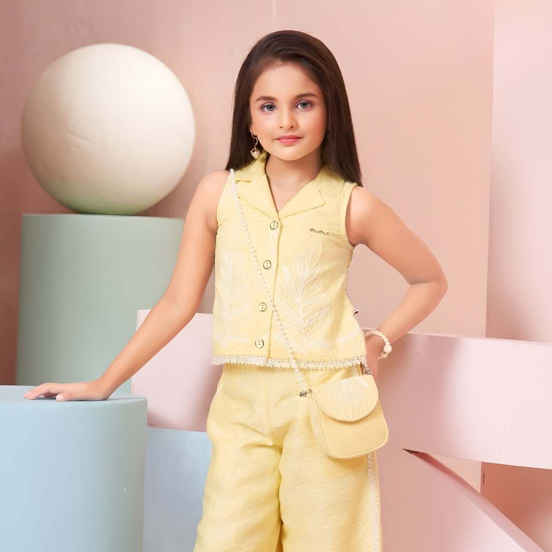 Girls Yellow Floral Print Pant Set