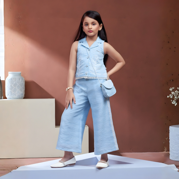 Girls Blue Floral Print Pant Set