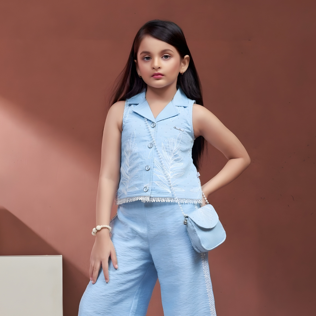 Girls Blue Floral Print Pant Set