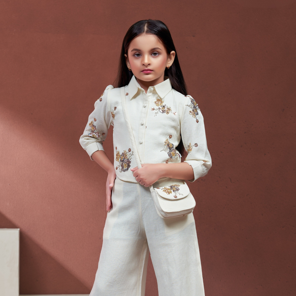 Girls cream embroidered shirt and palazzo set full view