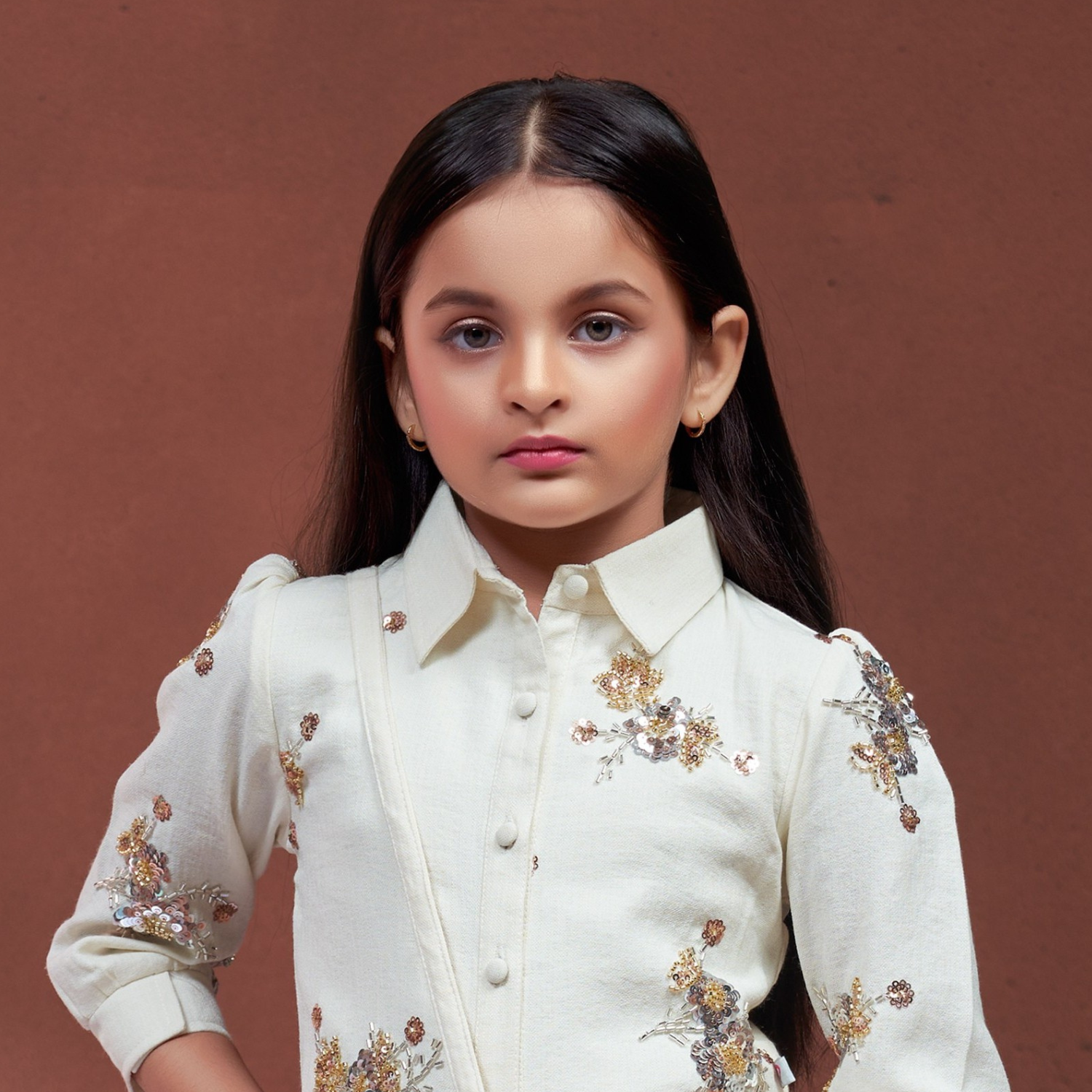 Girls cream embroidered shirt and palazzo set detail
