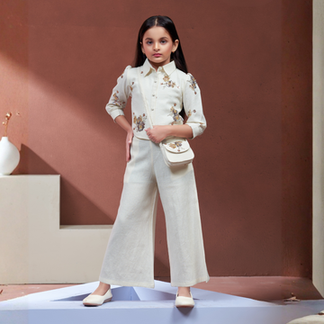 Girls cream embroidered shirt and palazzo set full length