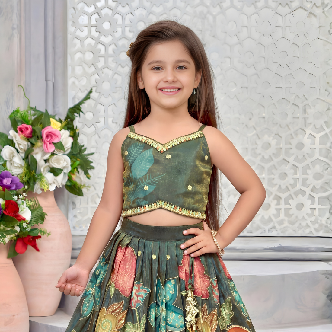 Stylish Sleeveless Green Lehenga Set For Girls