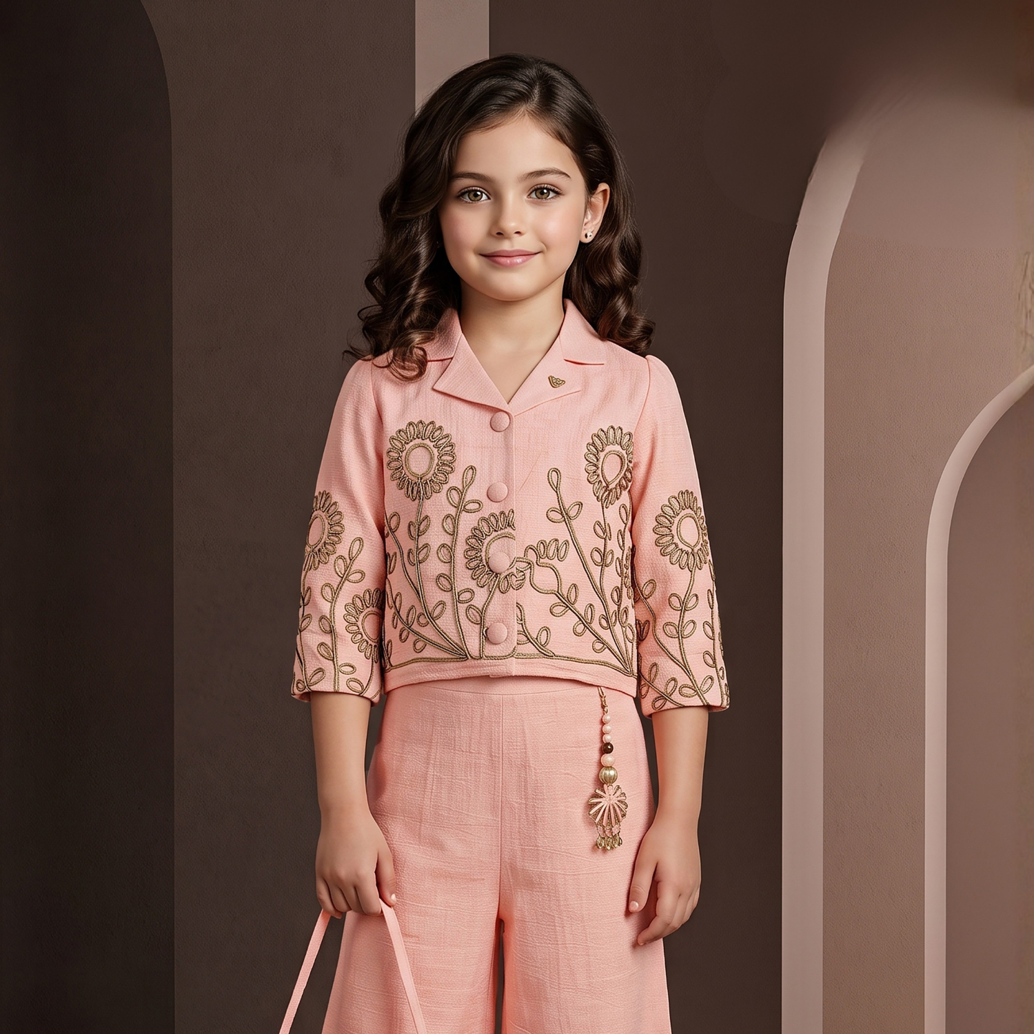 Girls peach floral embroidered jacket palazzo set full view