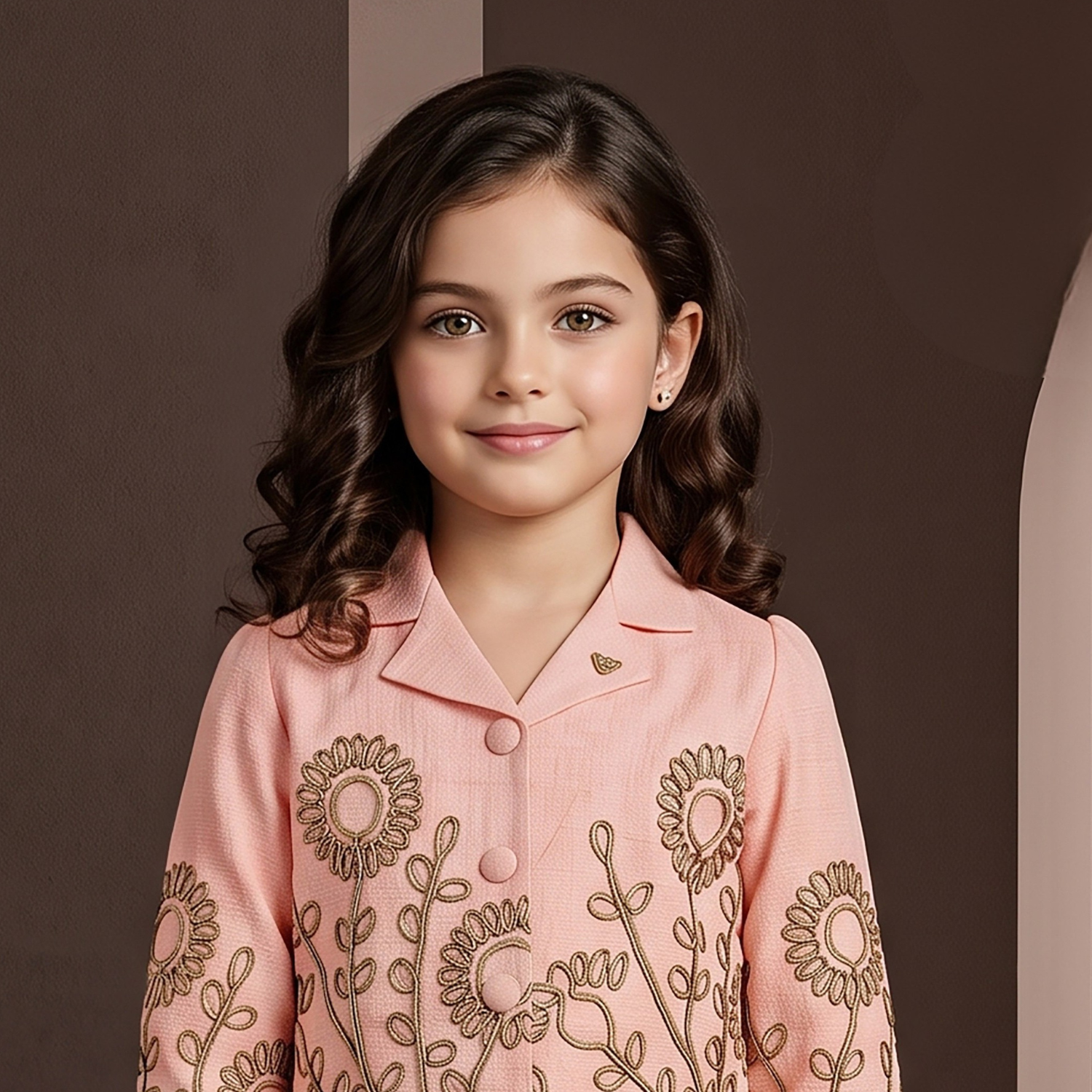 Girls peach floral embroidered jacket palazzo set detail