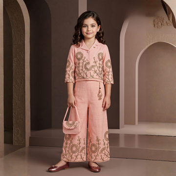 Girls peach floral embroidered jacket palazzo set full length
