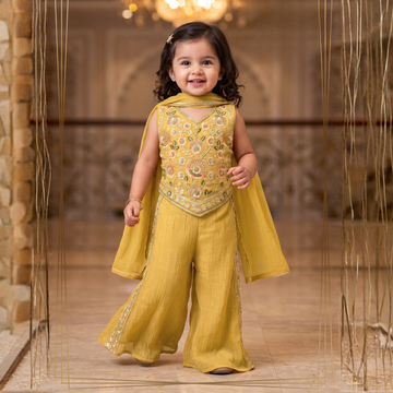Girls Yellow Floral Peplum Top & Palazzo Set