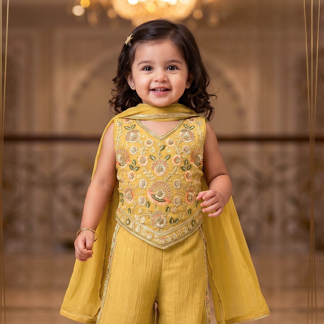 Girls Yellow Floral Peplum Top & Palazzo Set