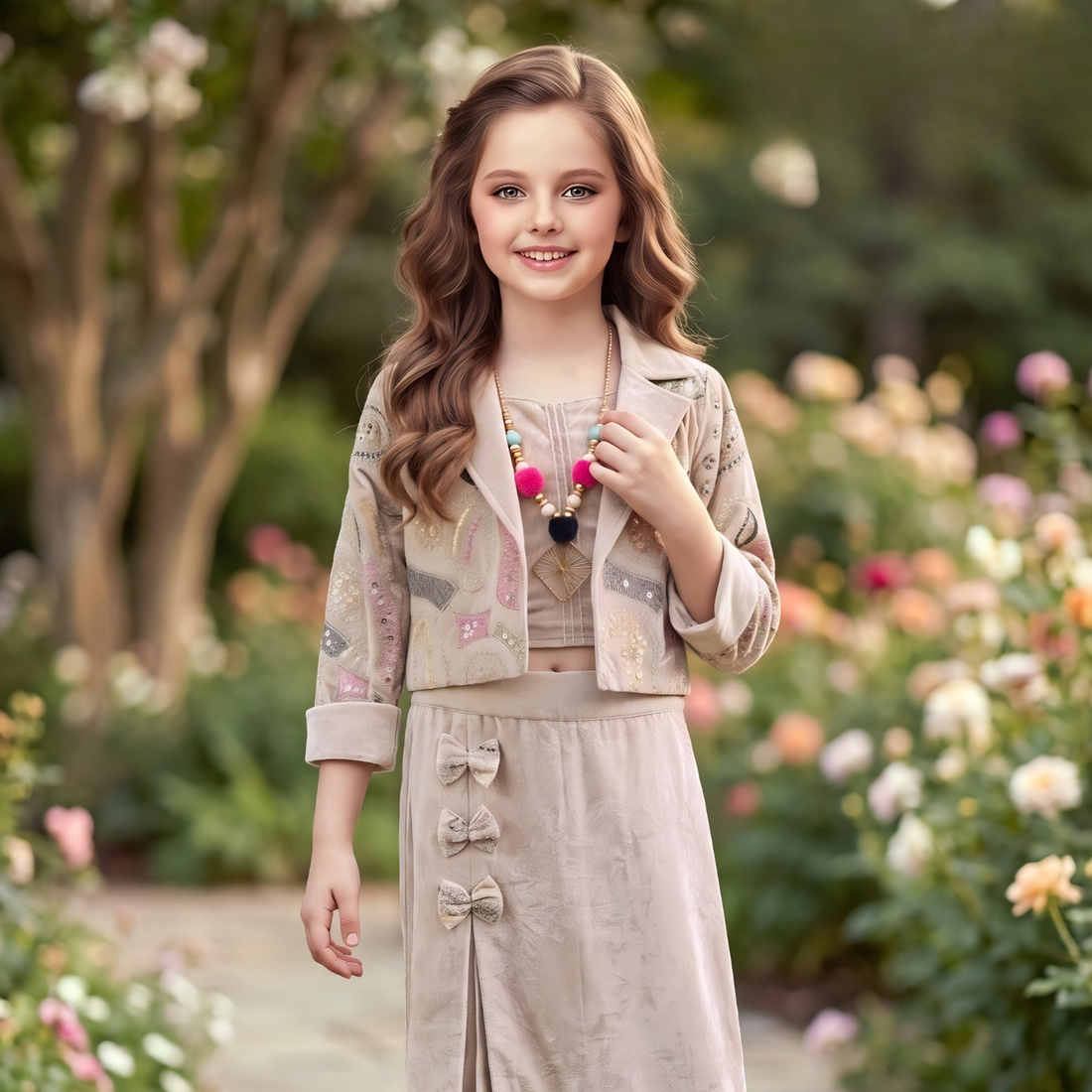 Girls Sequin Crop Top And Long Skirt Set