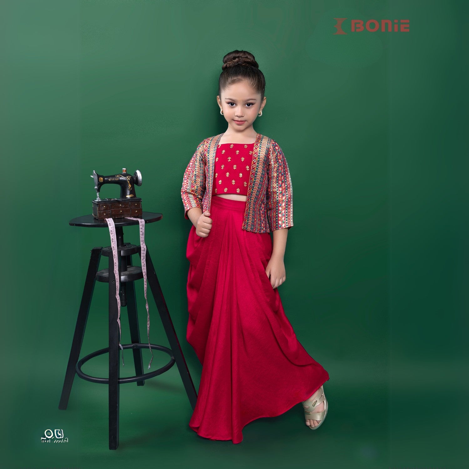Red Sequin Top And Dhoti Bottom Set With Overcoat