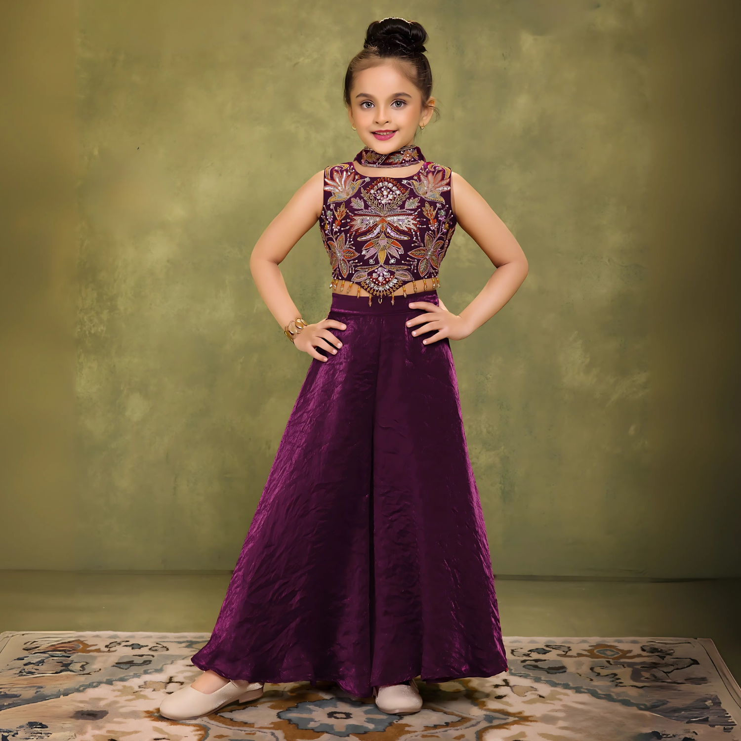 Wine Elegant Chiffon Embroidered Palazzo Set