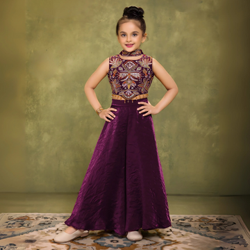 Wine Elegant Chiffon Embroidered Palazzo Set