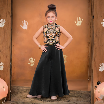 Black Embroidered Palazzo Set For Girls
