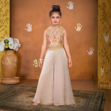 Cream Embroidered Palazzo Set For Girls