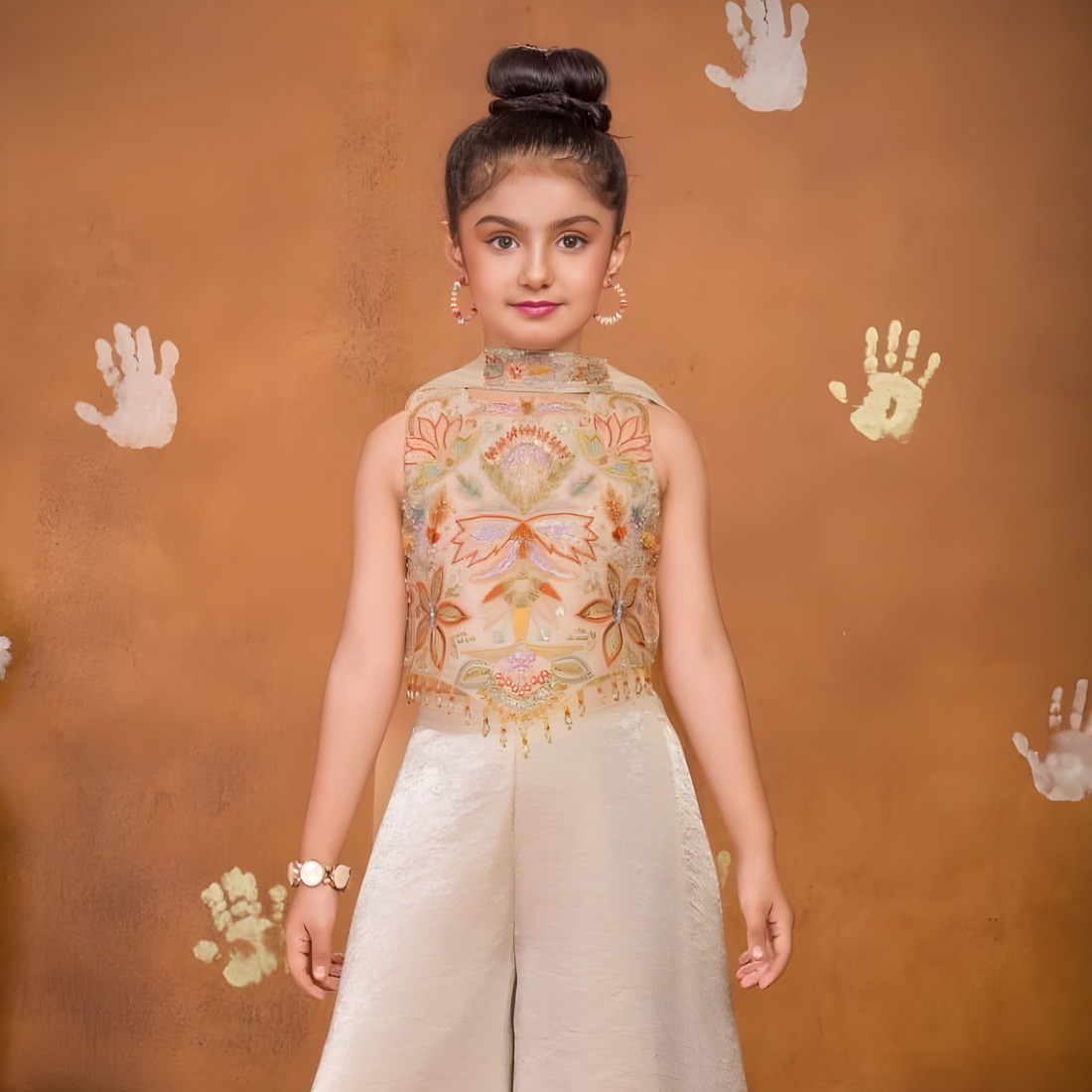 Cream Embroidered Palazzo Set For Girls