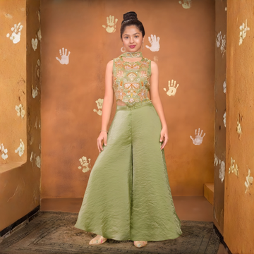 Green Elegant Chiffon Embroidered Palazzo Set