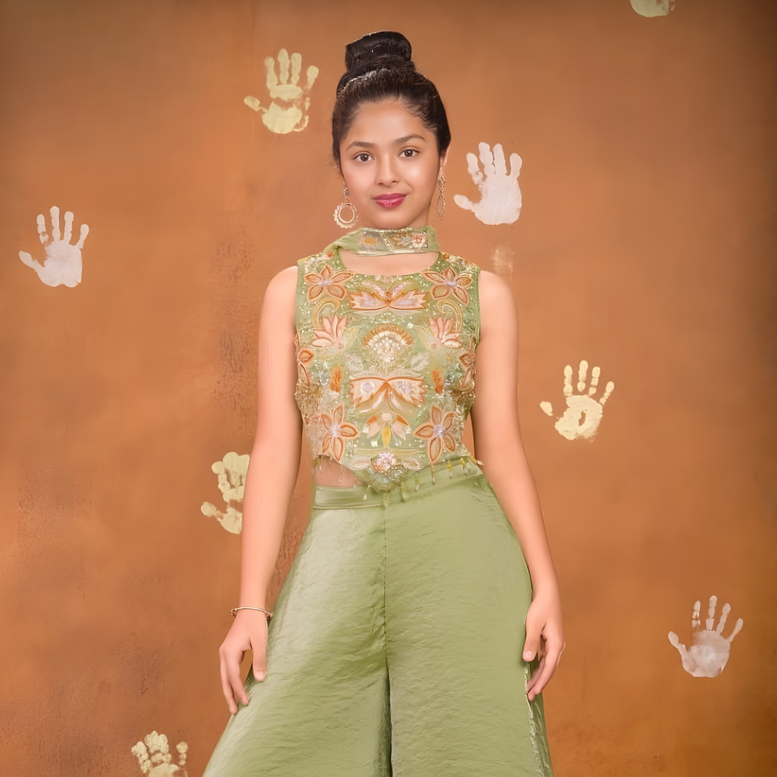 Green Elegant Chiffon Embroidered Palazzo Set