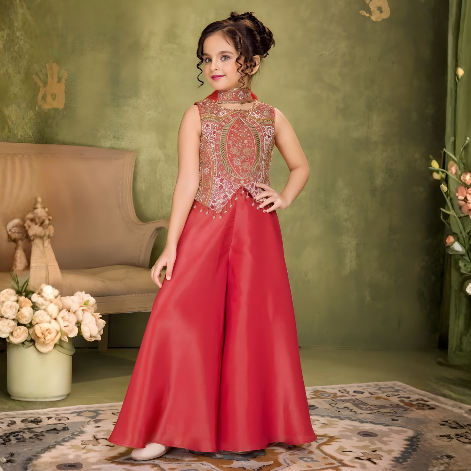 Designer Carrot Embroidery Palazzo Set For Girls