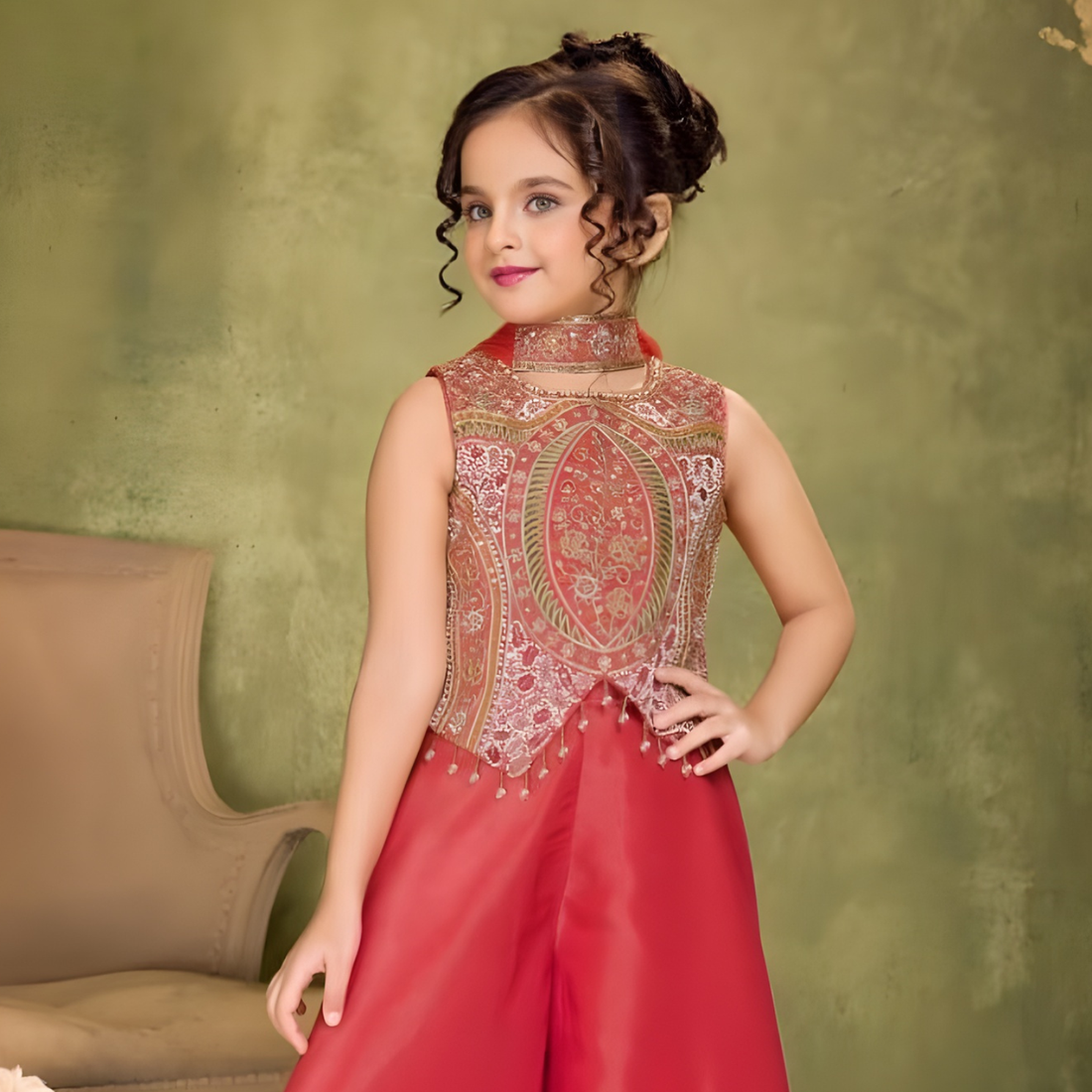 Designer Carrot Embroidery Palazzo Set For Girls