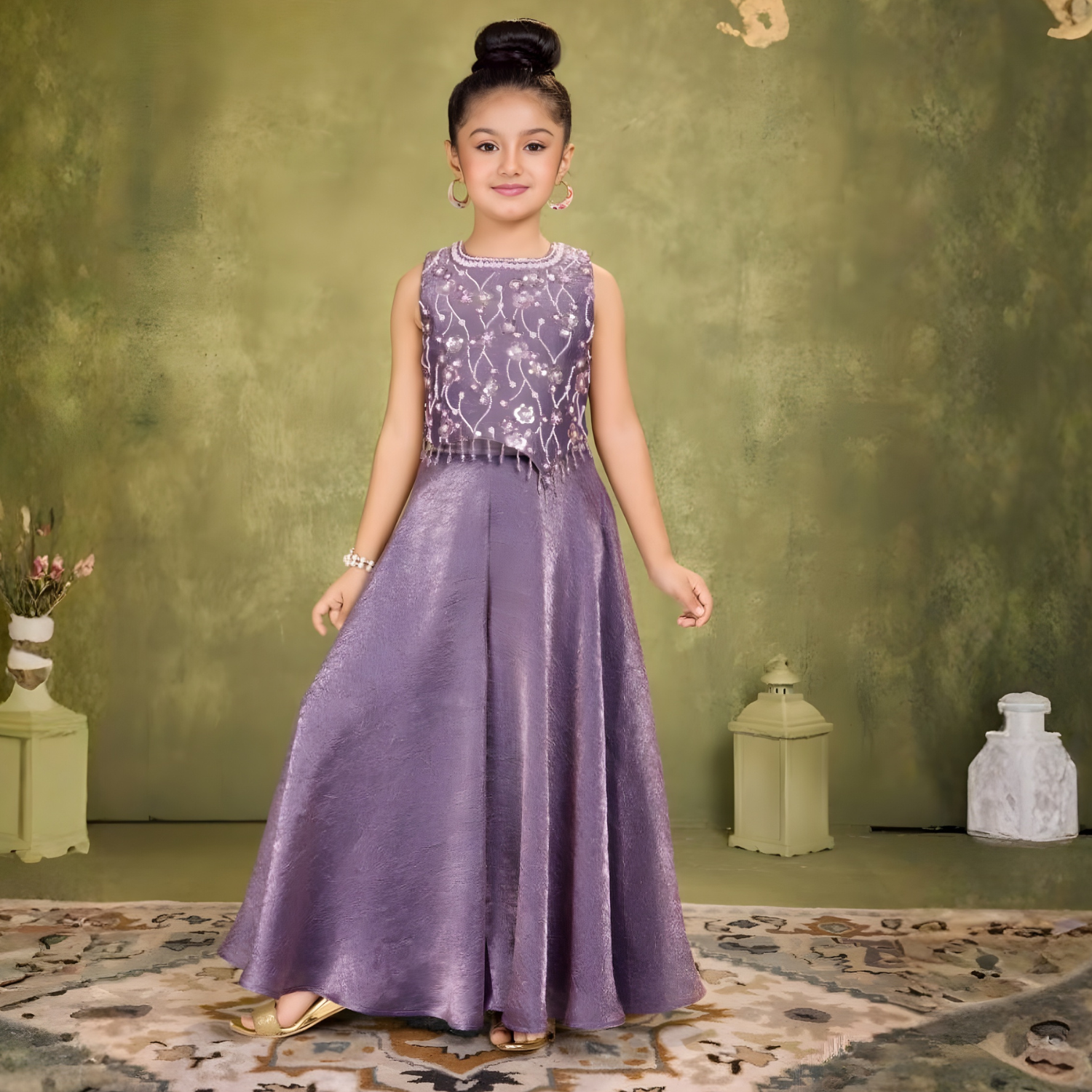 Purple Organza Palazzo Set with Bead & Sequins Work Top For Girls