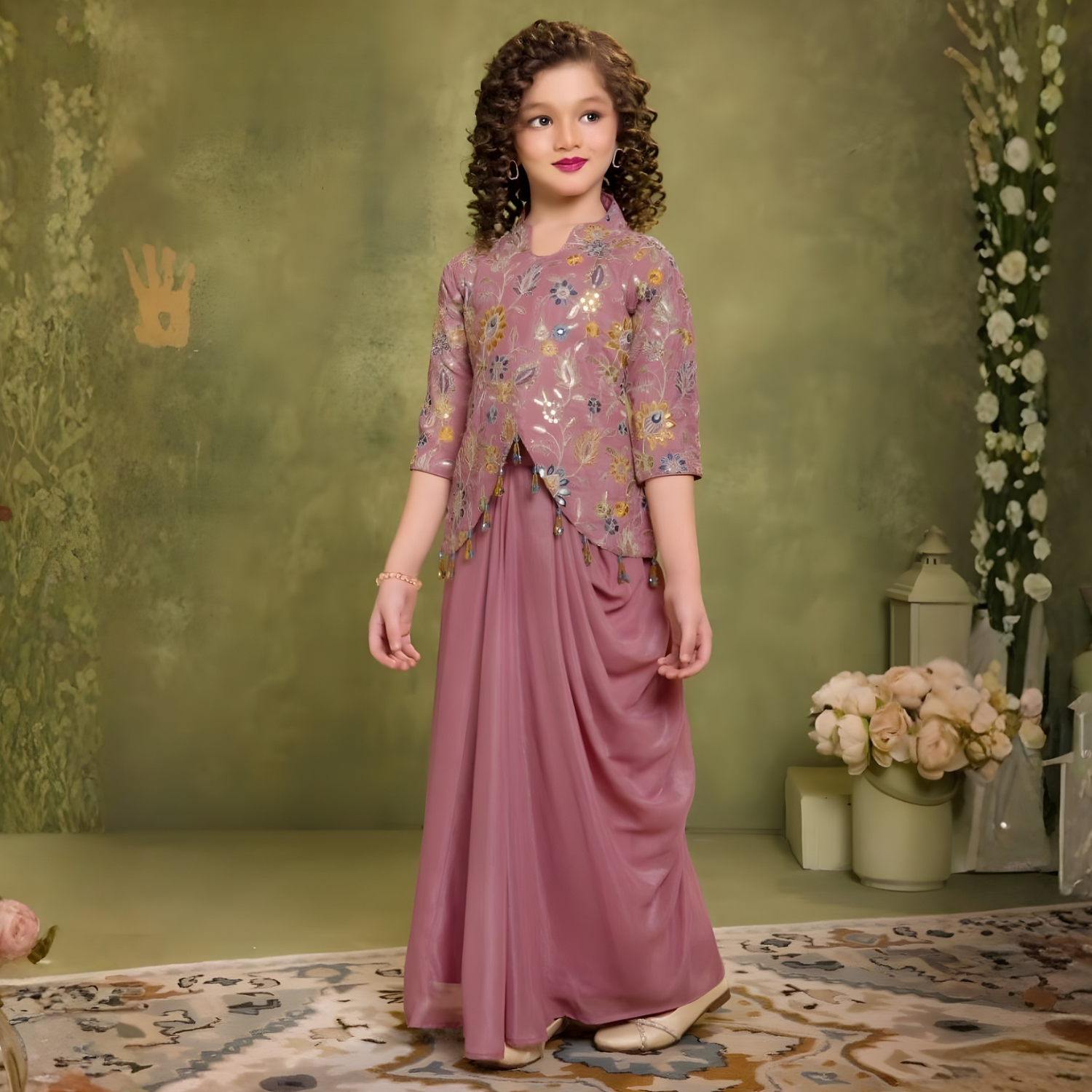 Onion Pink Draped Indo-Western Dhoti Set with Floral Embroidered Top For Girls