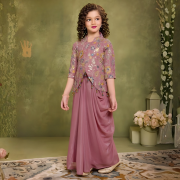 Onion Pink Draped Indo-Western Dhoti Set with Floral Embroidered Top For Girls