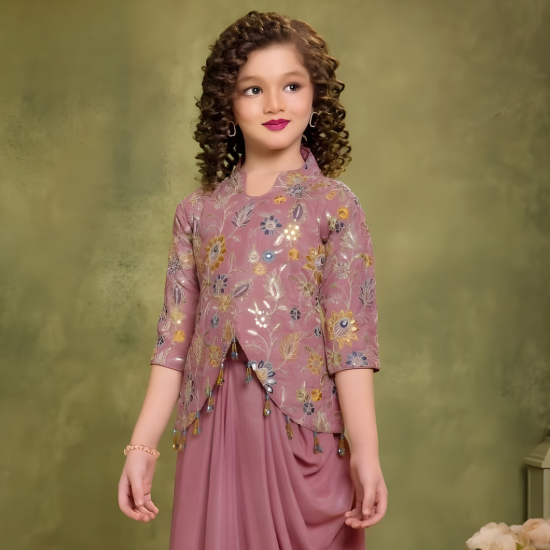 Onion Pink Draped Indo-Western Dhoti Set with Floral Embroidered Top For Girls