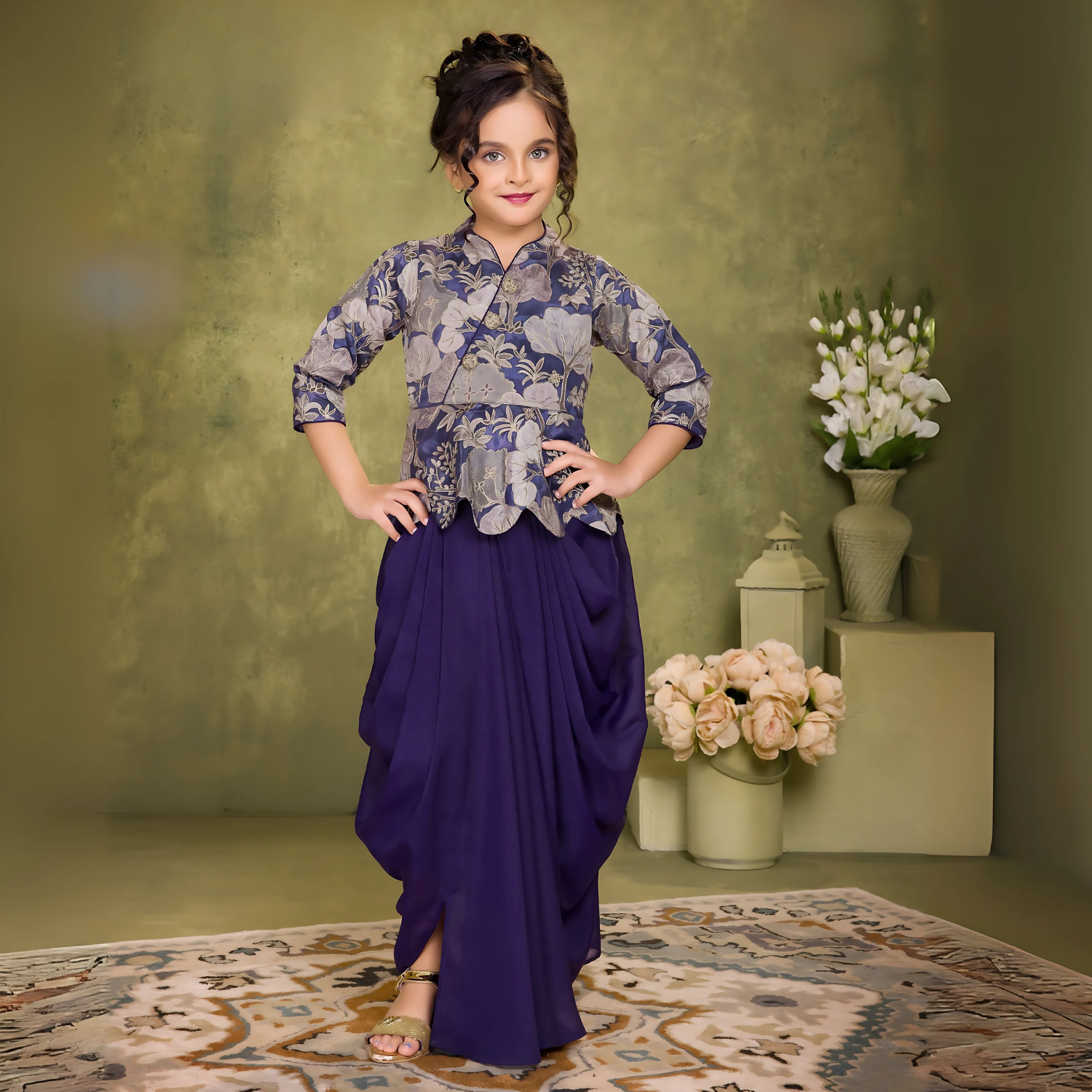 Draped Indo-Western Dhoti Set with Floral Peplum Top For Girls